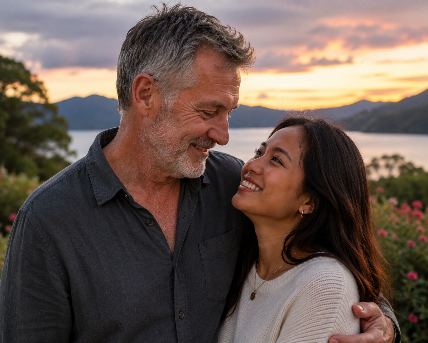 A couple who met through KAPWA Connections, smiling together outdoors at sunset